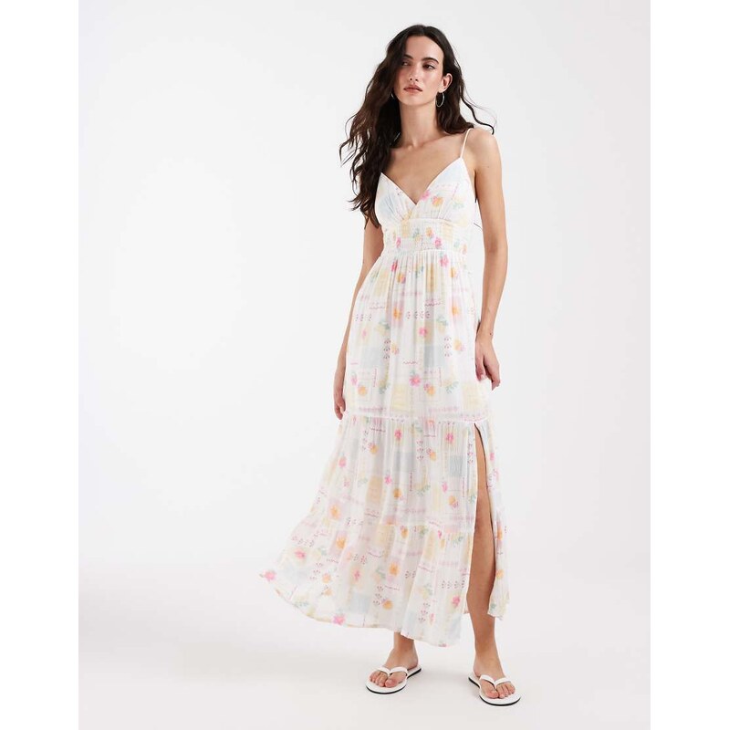 Hollister embroidered strappy tiered maxi dress in stamp print-Multi 115033970