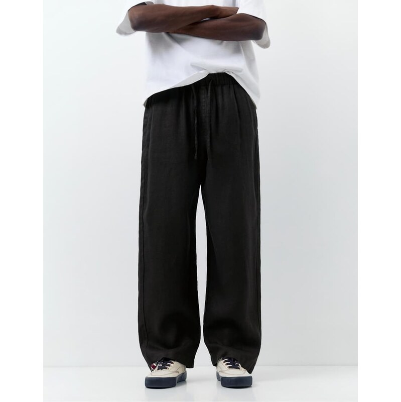 Pull&Bear 100% linen trousers in black