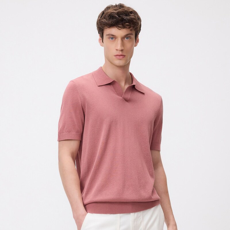 Reserved - Svetr polo s příměsí lnu - pudrově růžová