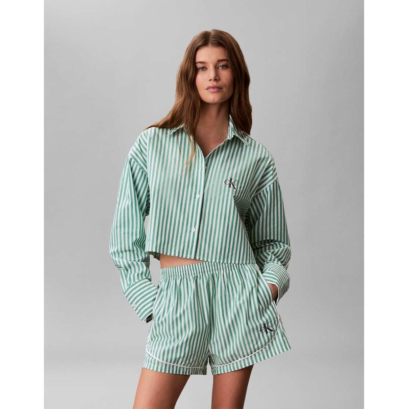Calvin Klein logo co-ord cropped poplin shirt in green stripe 115011679