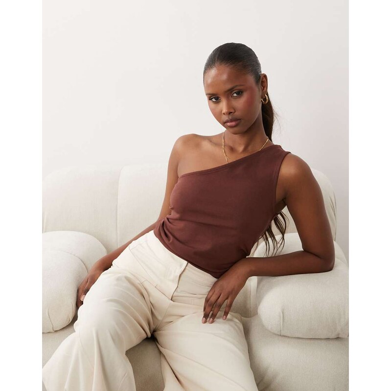 ASOS DESIGN cotton one shoulder top in chocolate-Brown