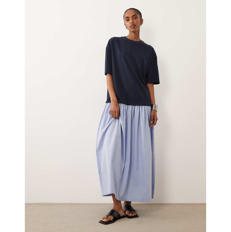 ASOS DESIGN hybrid t-shirt midi dress with stripe cotton skirt