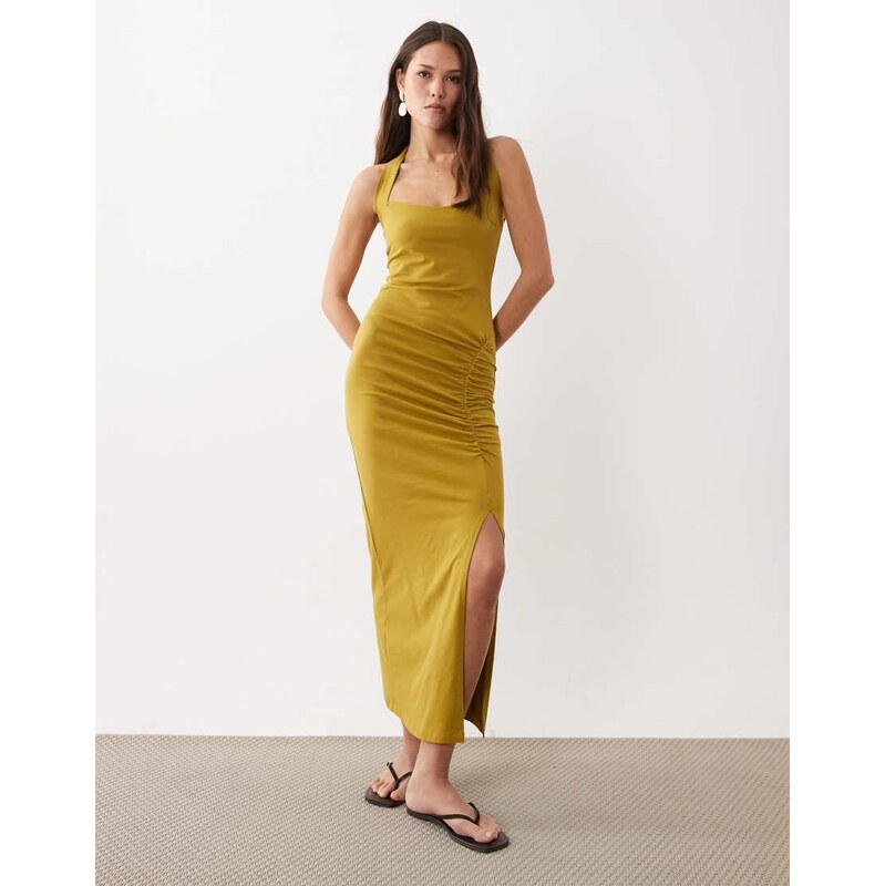 ASOS DESIGN halter ruched front midi dress in olive-Green