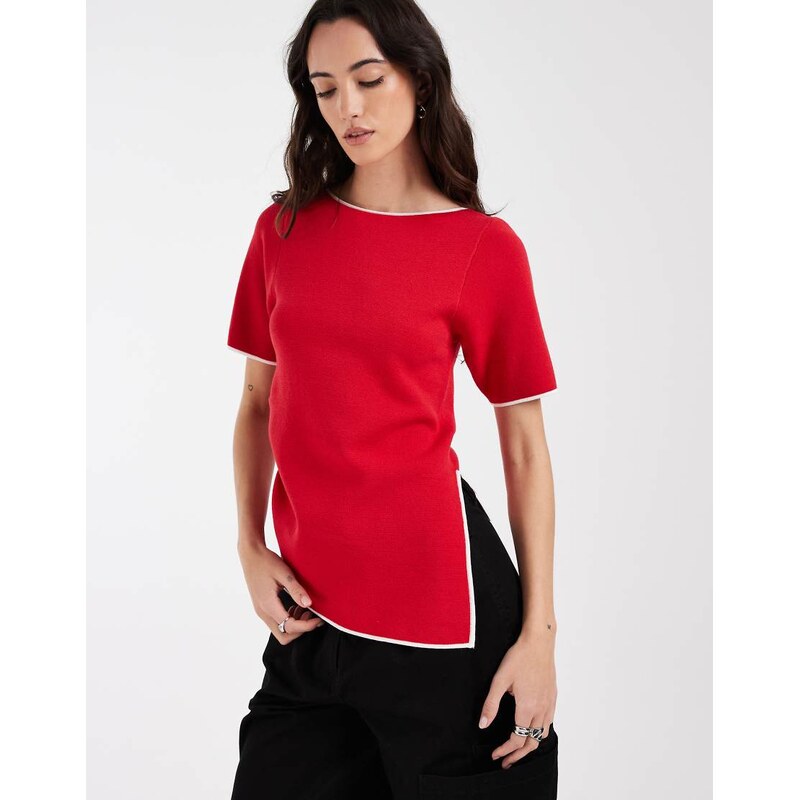 ASOS DESIGN ruched side asymmetric t-shirt in red with white