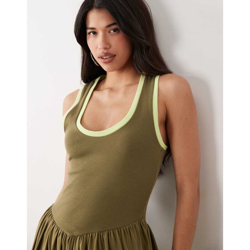 ASOS DESIGN contrast trim midi dress in khaki and lemon-Multi