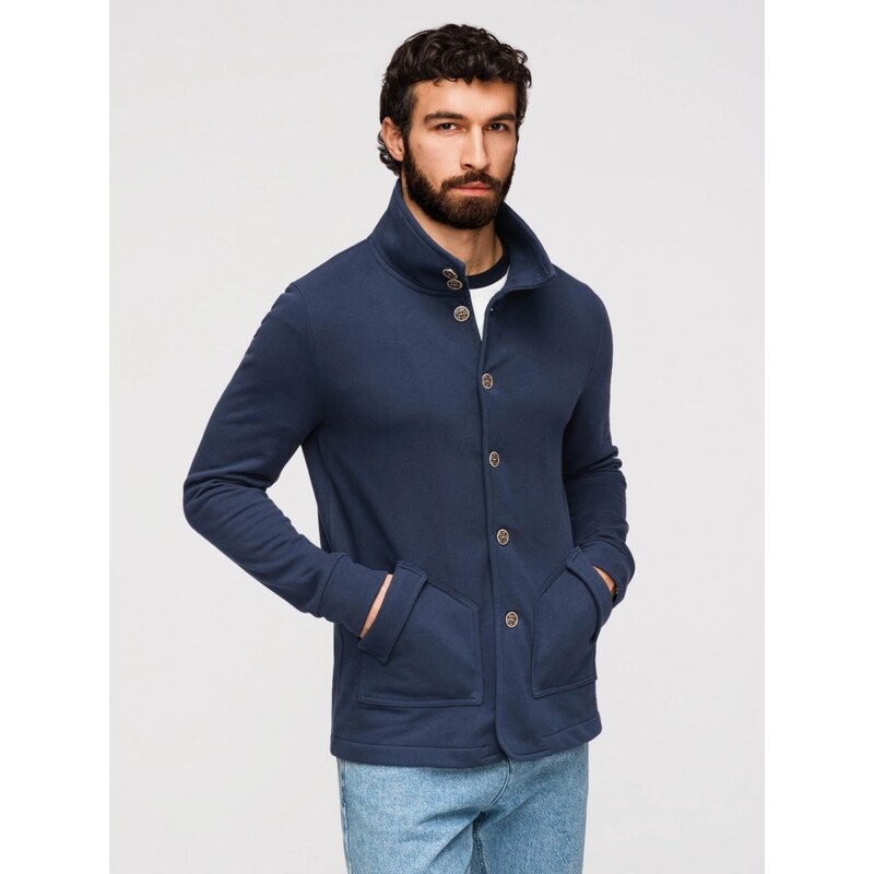 Ombre Clothing Tmavě modrá mikina na knoflíky se stojáčkem V4