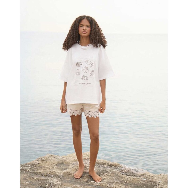 4th & Reckless cotton shell graphic oversized t-shirt in cream-White 115014985
