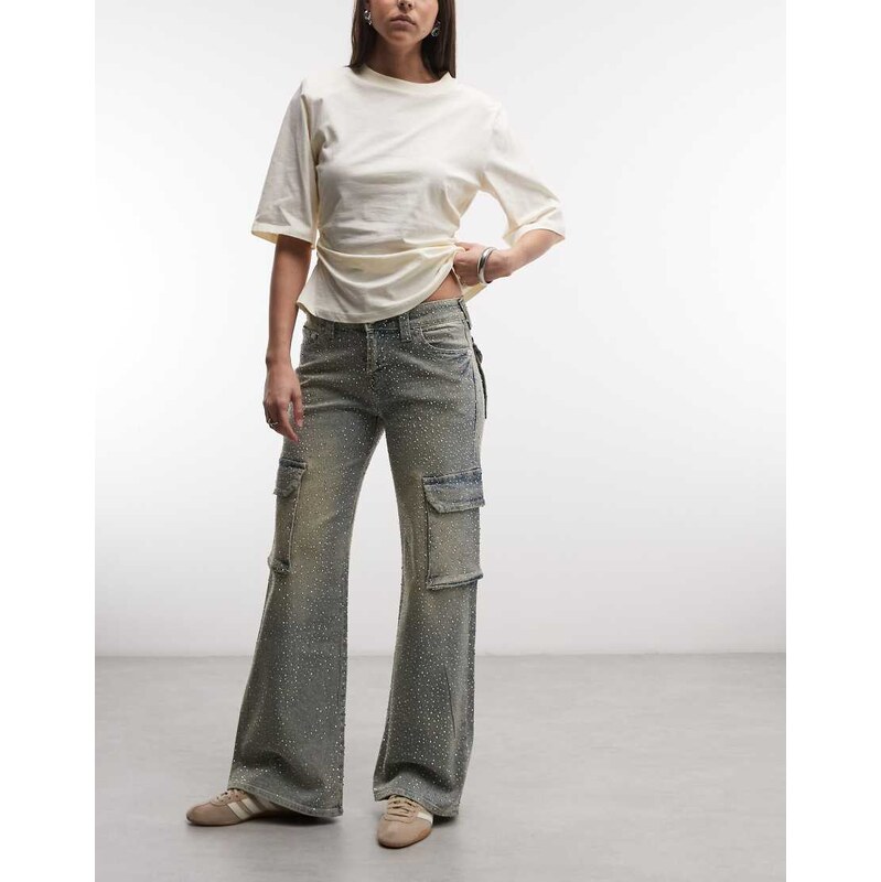 True Religion Bobbi rhinestone detail cargo pant in light tinted wash 115014992