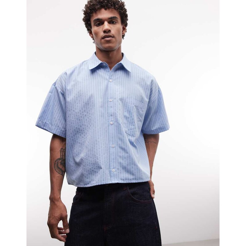 Reclaimed Vintage short sleeve boxy shirt in washed blue stripe