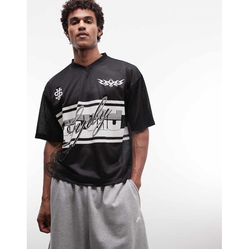 ASOS DESIGN boxy oversized drop shoulder t-shirt with football graphic in black airtex fabric