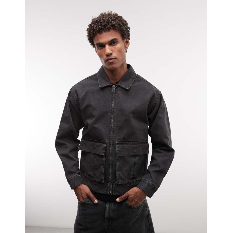 HUF pacific workwear style zip through jacket in washed black