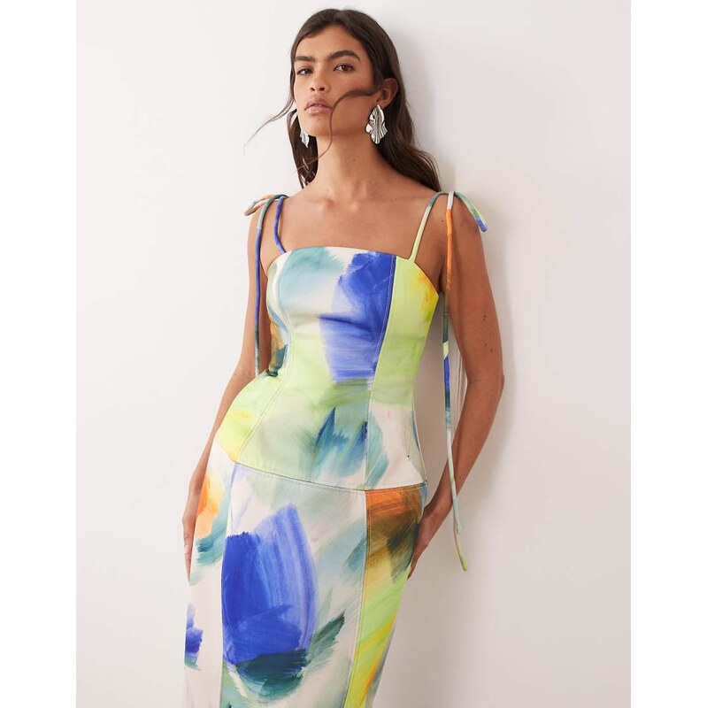 ARRANGE structured bandeau maxi dress with fallen ties in abstract 115021864