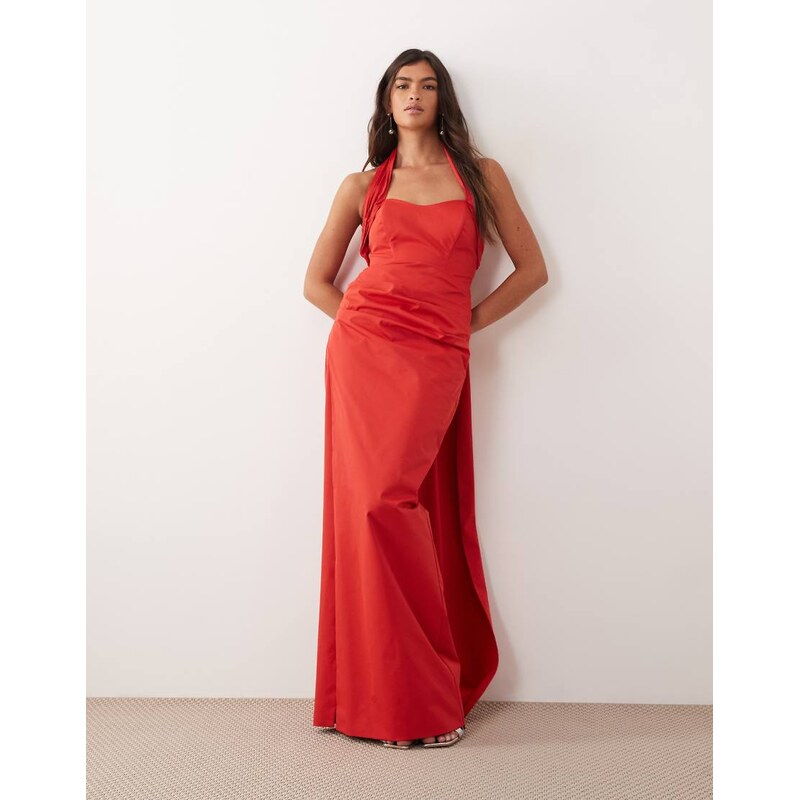 ARRANGE structured halter maxi dress with train back in red 115021869