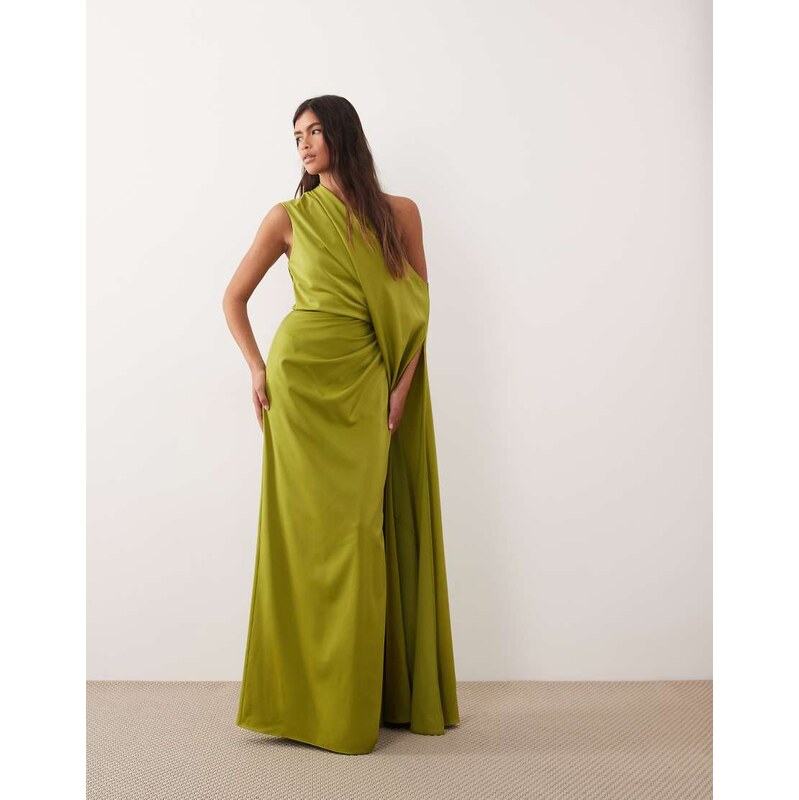 ARRANGE extreme fallen shoulder maxi dress in olive green