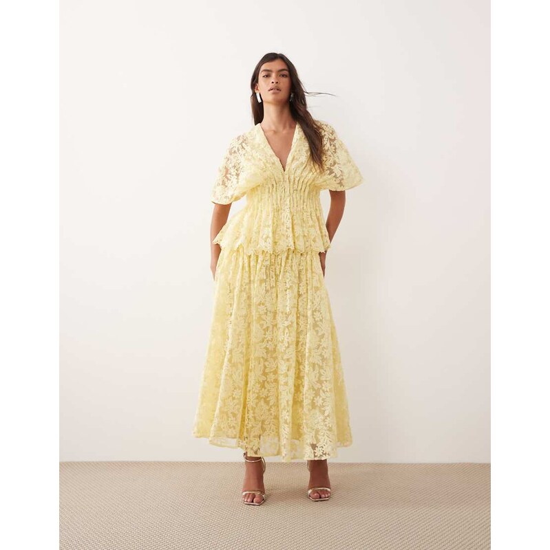 ARRANGE floral embroidered cinched waist pleated top co ord in yellow 115021921
