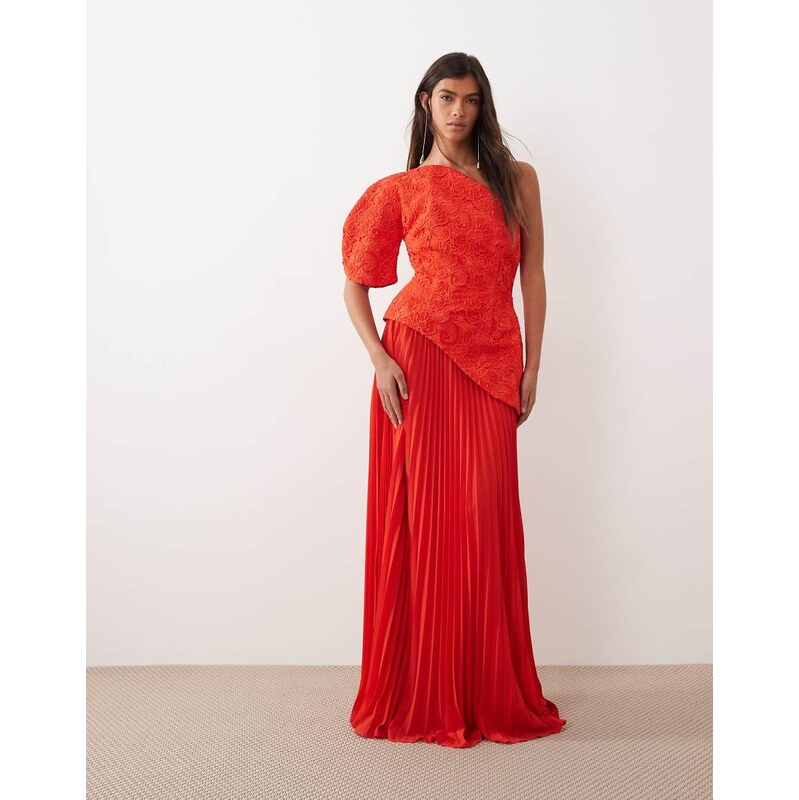 ARRANGE one shoulder embroidered hybrid pleated maxi dress in