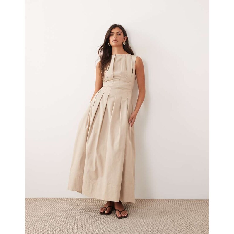 ARRANGE cinched waist pleated maxi dress in stone-Neutral 115021963