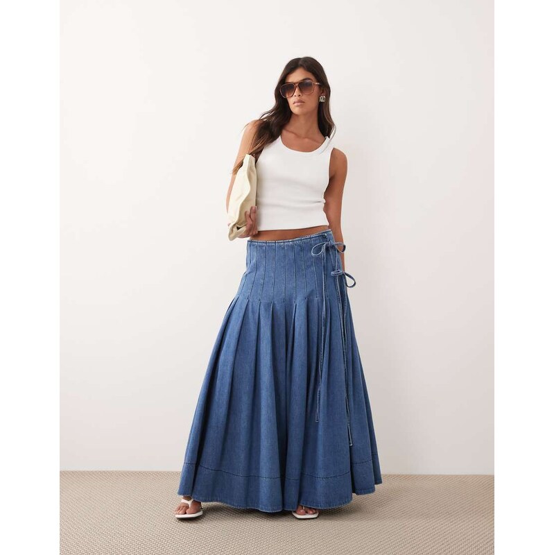 ARRANGE pleated denim midi skirt with tie detail in blue 115021990