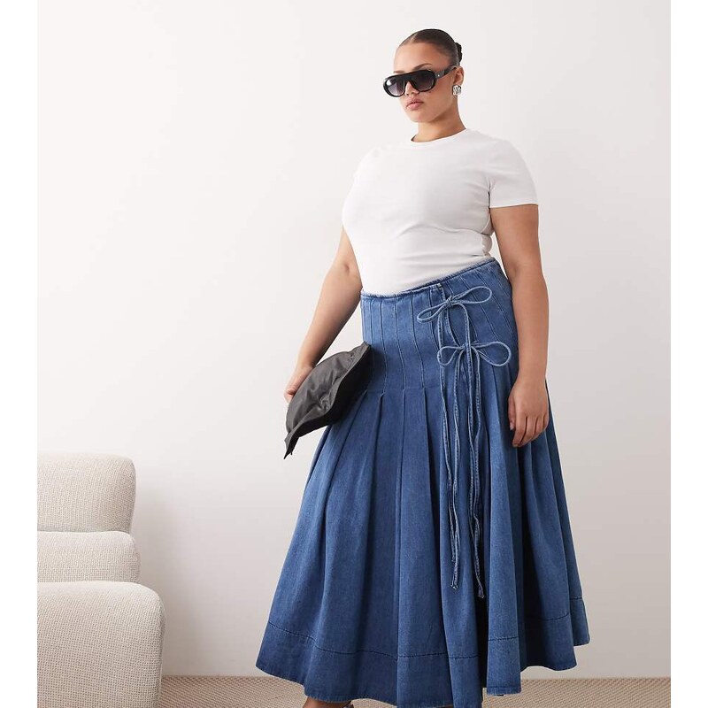 ARRANGE Curve pleated denim midi skirt with tie detail in blue