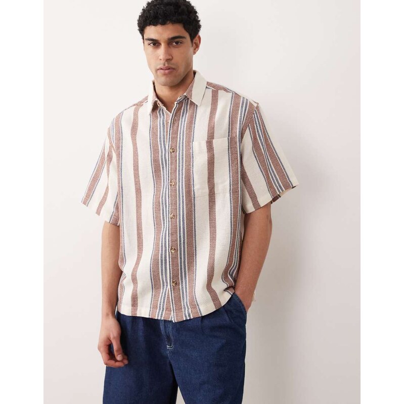 ASOS DESIGN oversized textured stripe shirt in cream-White