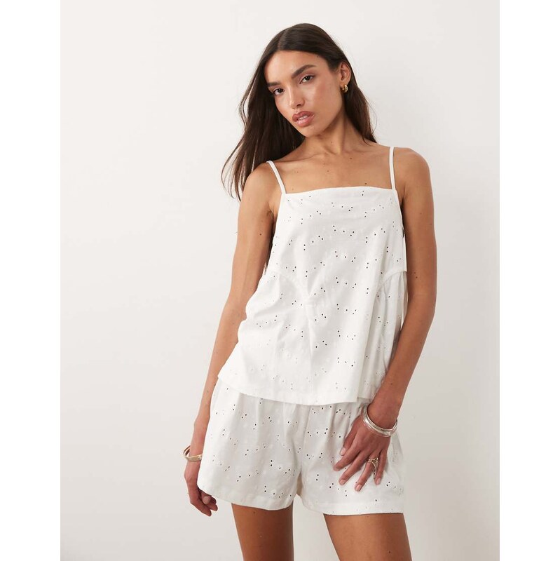 ASOS DESIGN tie side pleat detail broderie vest co-ord in white