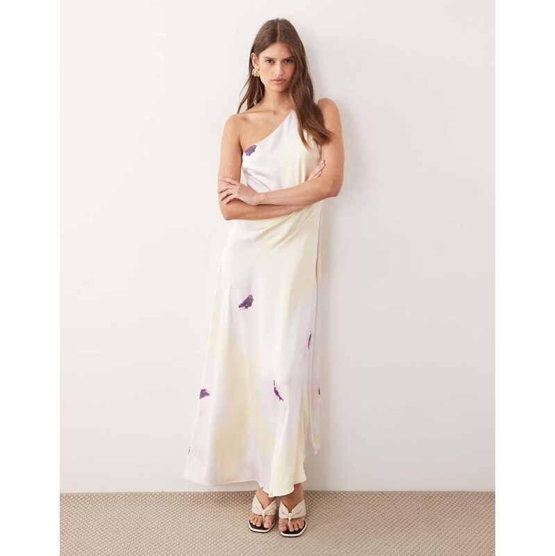 Pretty Lavish satin one shoulder maxi dress in lemon floral print 115535691