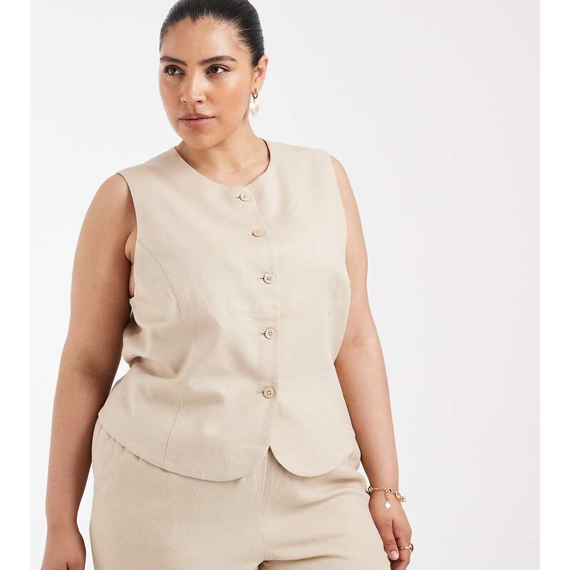 ONLY Curve linen blend waistcoat co-ord in stone-Neutral