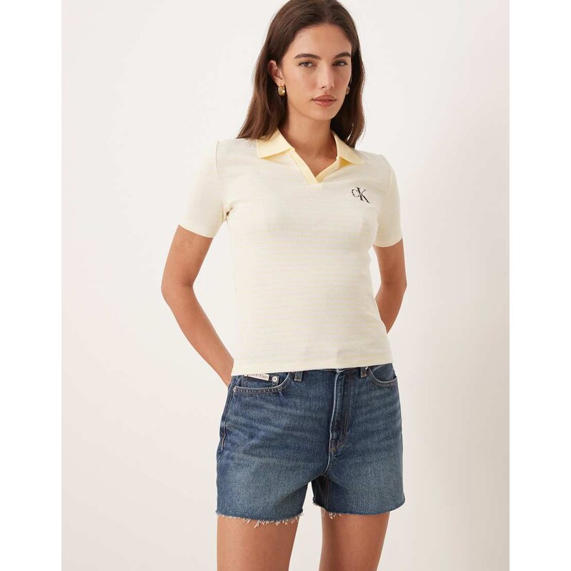 Calvin Klein Jeans monologo rib polo in buttermilk stripe-Brown