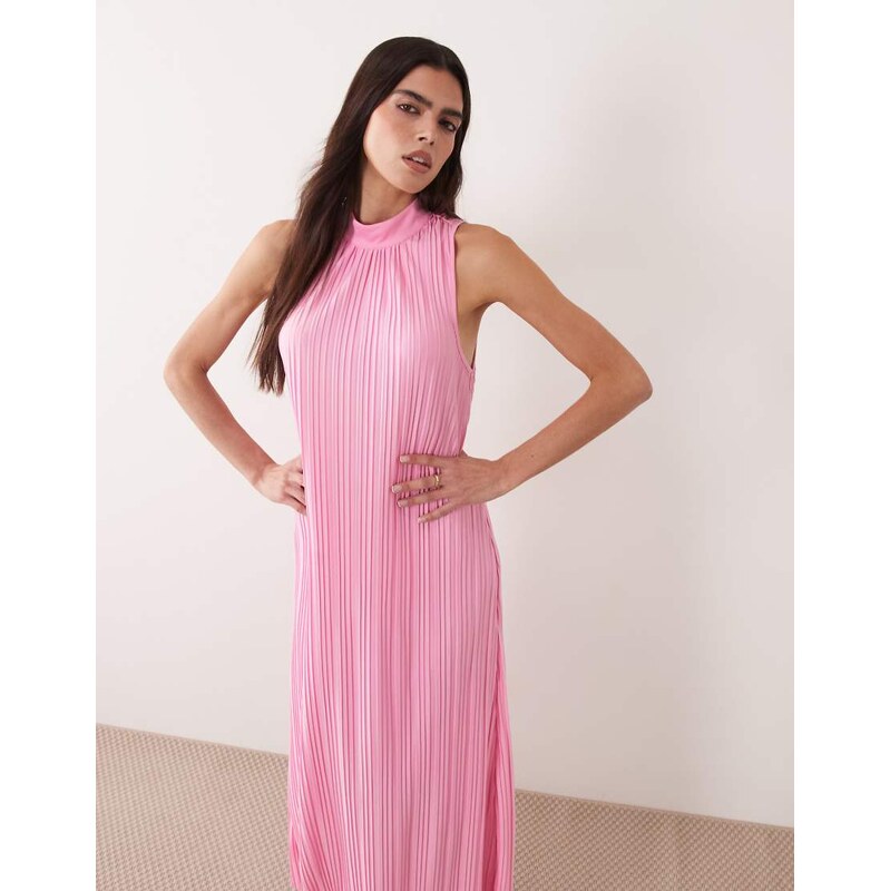 Vila high neck plisse maxi dress in light pink