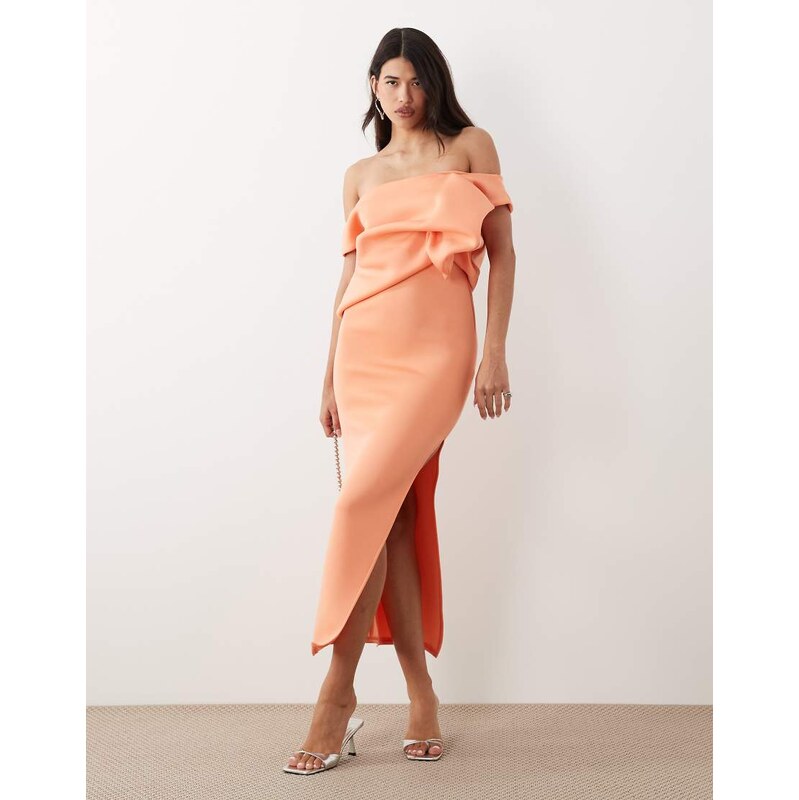 ASOS DESIGN scrunch drape midi dress in coral scuba-style fabric 115522726