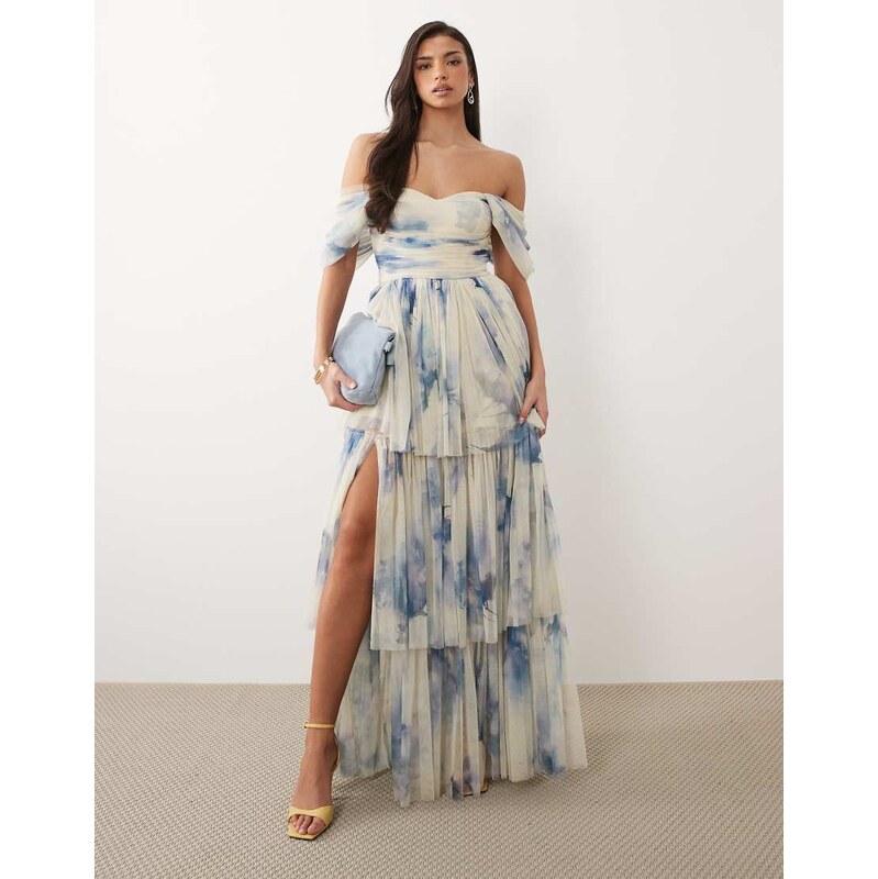 Lace & Beads off shoulder tulle maxi dress in blue floral print-Multi 115529038