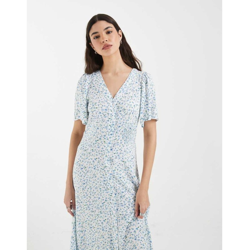 Vero Moda buttondown maxi dress in white and blue ditsy floral