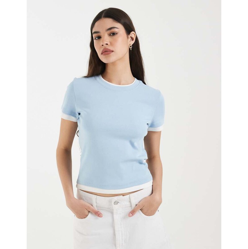 Vero Moda double layer binding detail t-shirt in blue and white