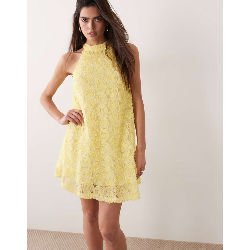 Vila floral jacquard halter neck mini dress in pastel yellow