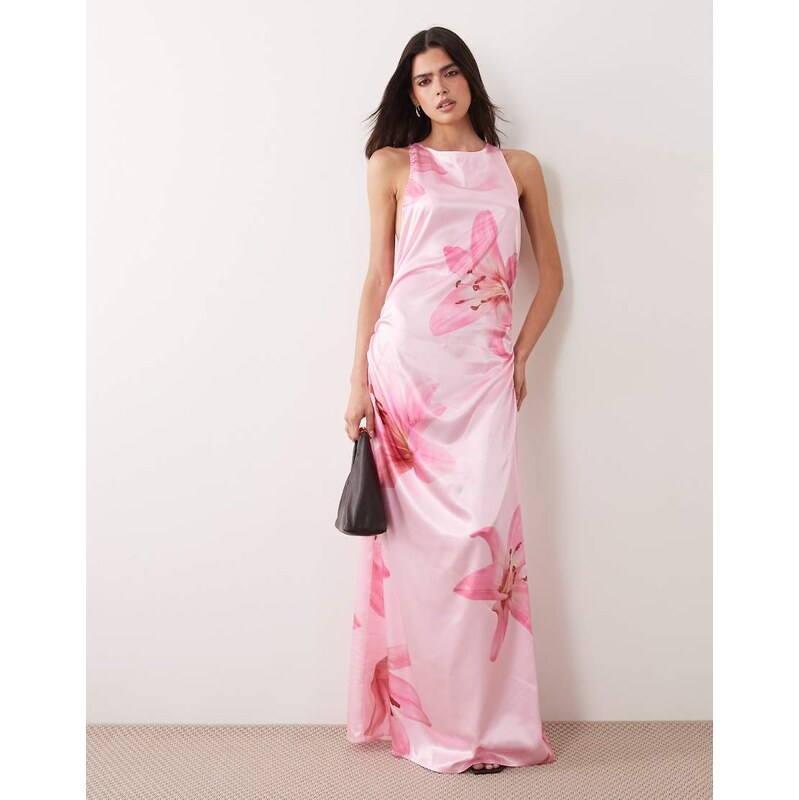 Vila statement floral maxi dress in cherry blossom pink