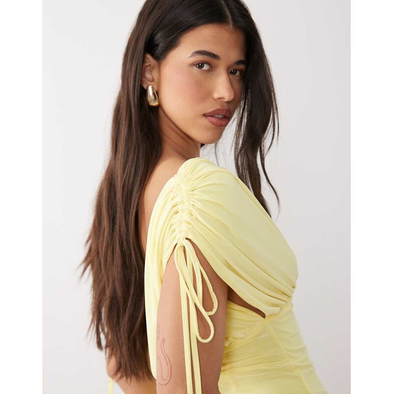 ASOS DESIGN deep ruched off the shoulder top in yellow