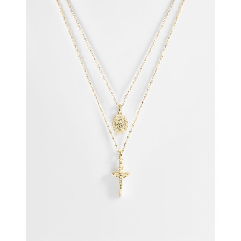 ASOS DESIGN cross and St Chris coin double pendant necklace in