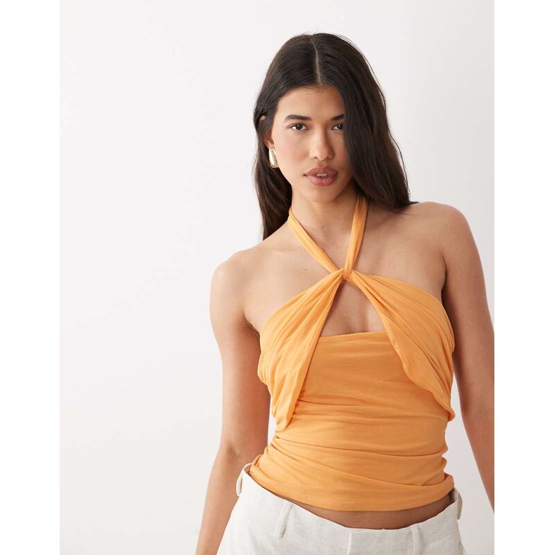 ASOS DESIGN stretch chiffon halter wrap top in orange