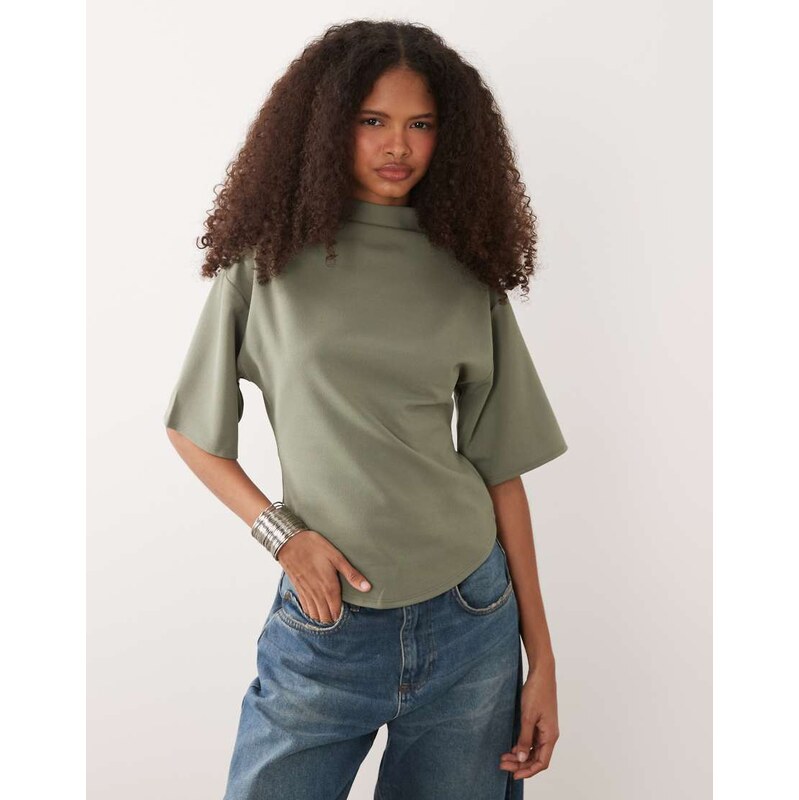 ASOS DESIGN short sleeve with high neck top in khaki-Green