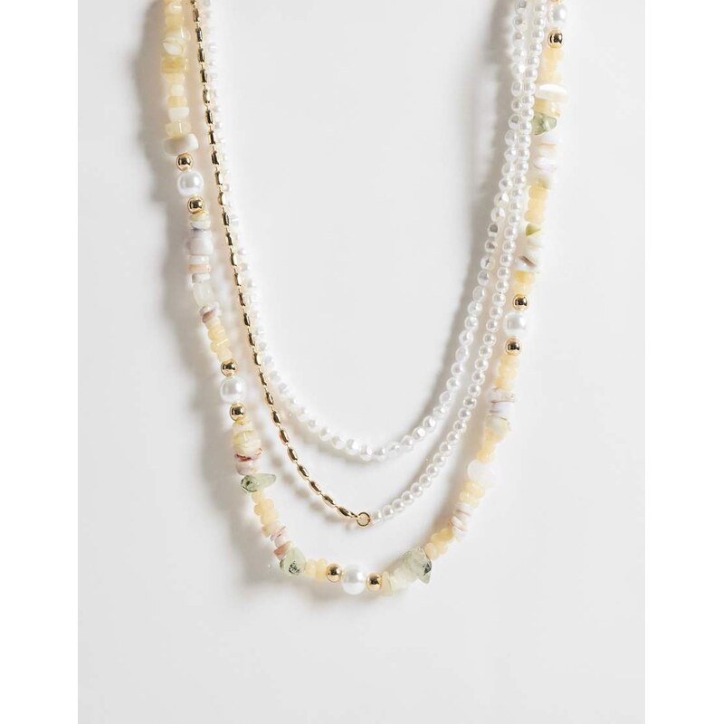 ASOS DESIGN 3 pack pearl and chipping stone necklace in silver 115022073