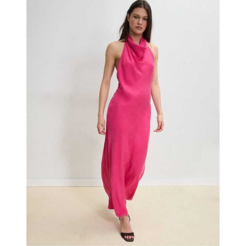Stradivarius Backless halter midi dress in fuchsia-Pink 115022083