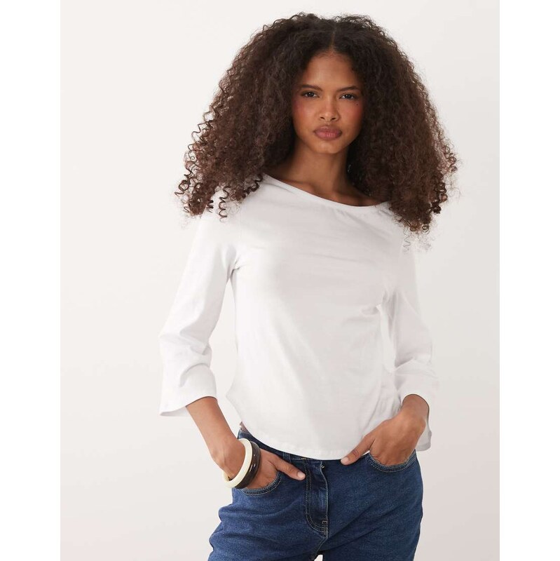 ASOS DESIGN 3/4 sleeve top with boat neck in white 115523282
