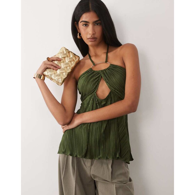 ASOS DESIGN plisse ring halter bandeau in khaki-Green