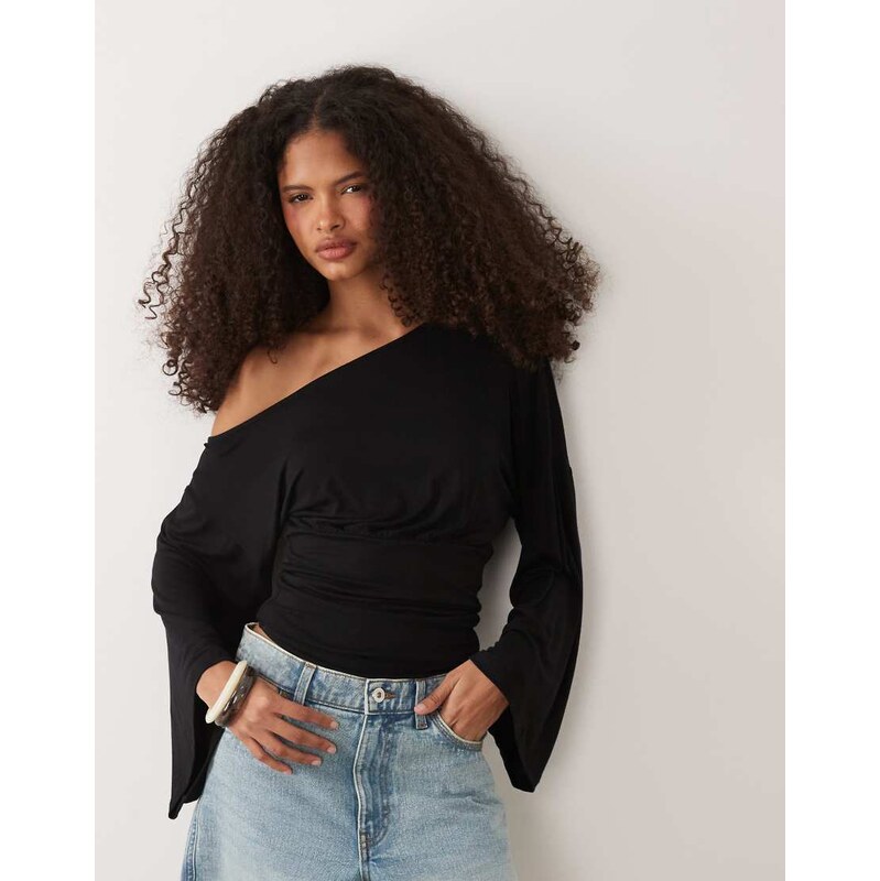 ASOS DESIGN fallen shoulder cinched waist top in black