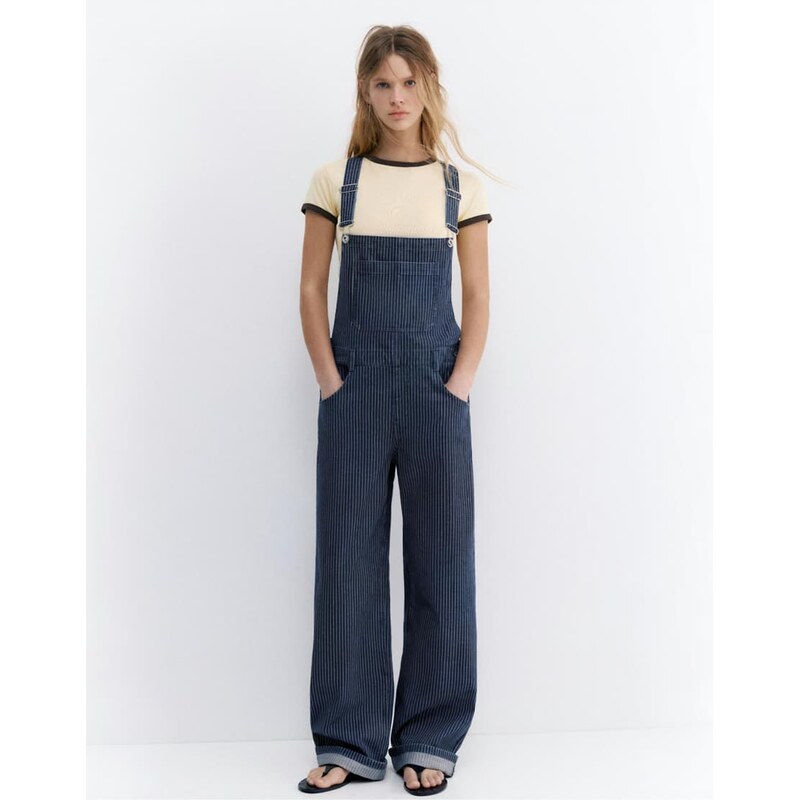 Pull&Bear Long striped denim dungarees in dark blue 115033990