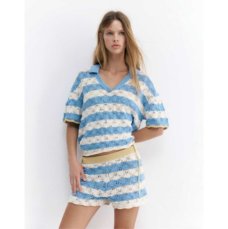 Pull&Bear Striped crochet polo shirt in pale blue 115022124