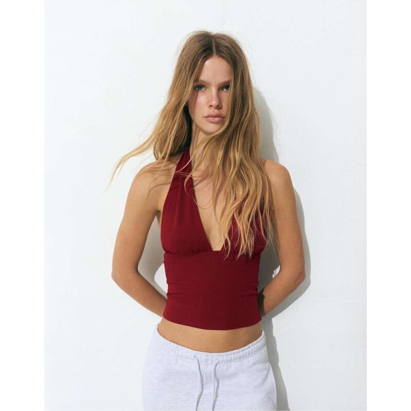 Pull&Bear Halter balconette top in russet-Orange