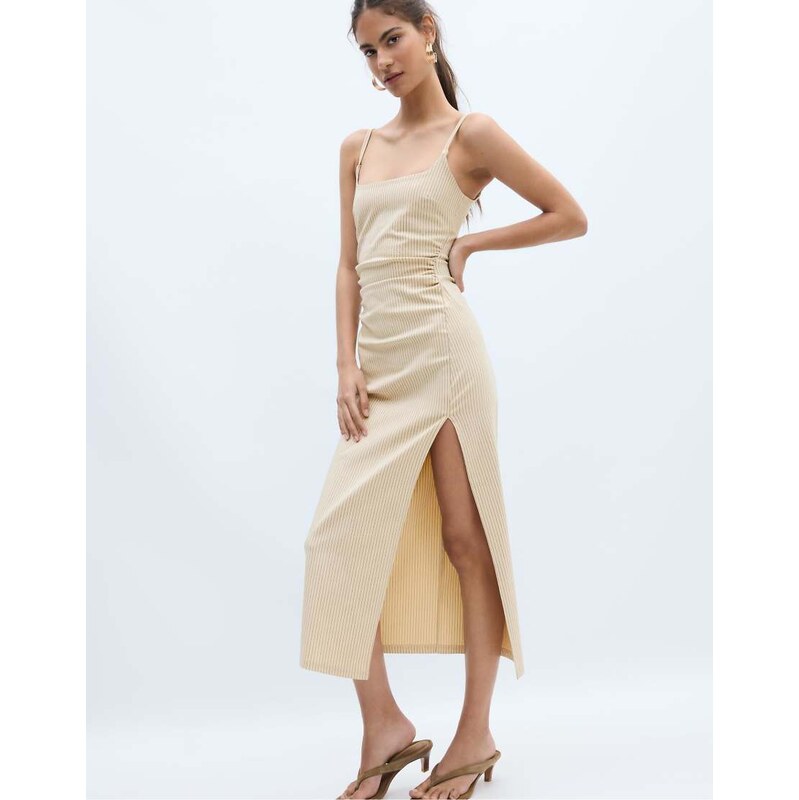 Stradivarius Square neck bengaline midi dress in stone-White 115022167