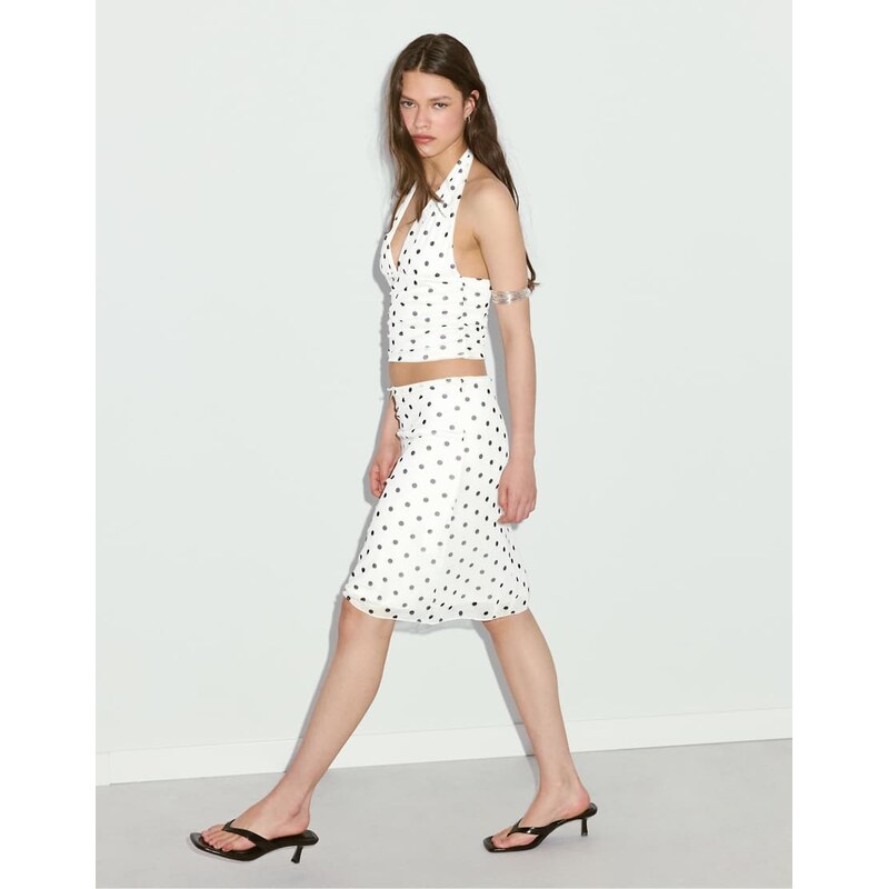 Stradivarius Printed tulle midi skirt in ecru-White 115022189