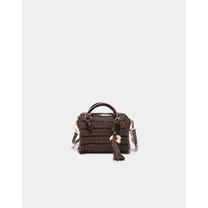Stradivarius Round crochet tote bag in brown